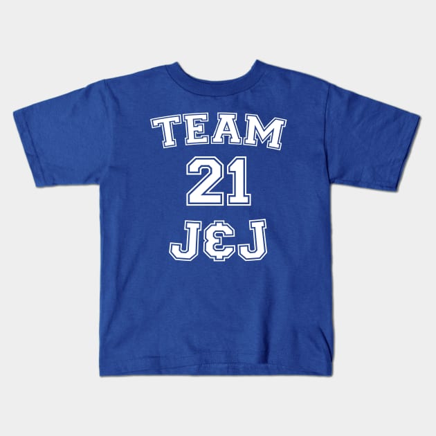 Vaccine pride: Team J&J (white college jersey typeface) Kids T-Shirt by Ofeefee